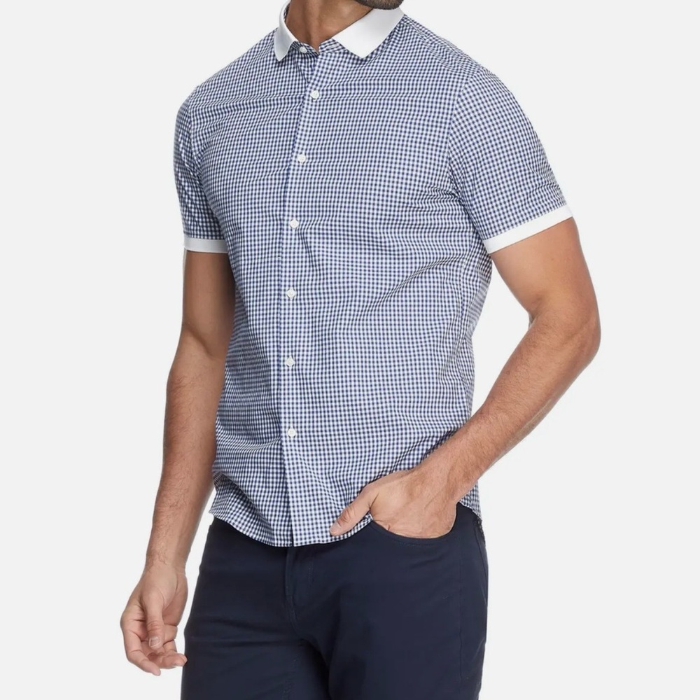 Michael Kors Slim Fit Blue White Checkered Gingham Button Down Stretch Shirt L